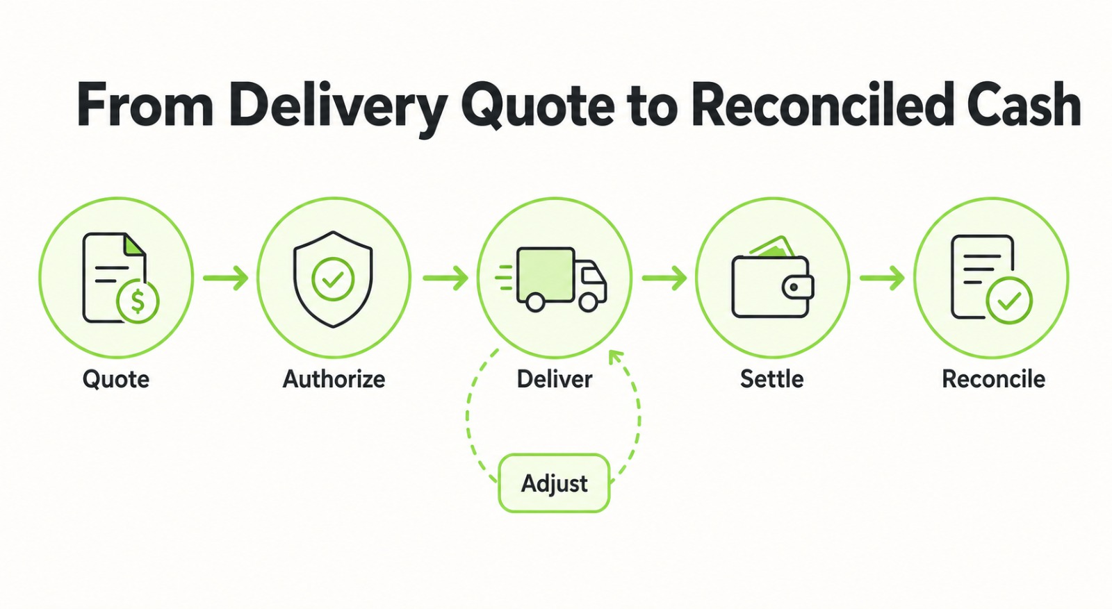 Five-step UAE logistics payment flow from quote and authorization through delivery, settlement, and reconciliation.