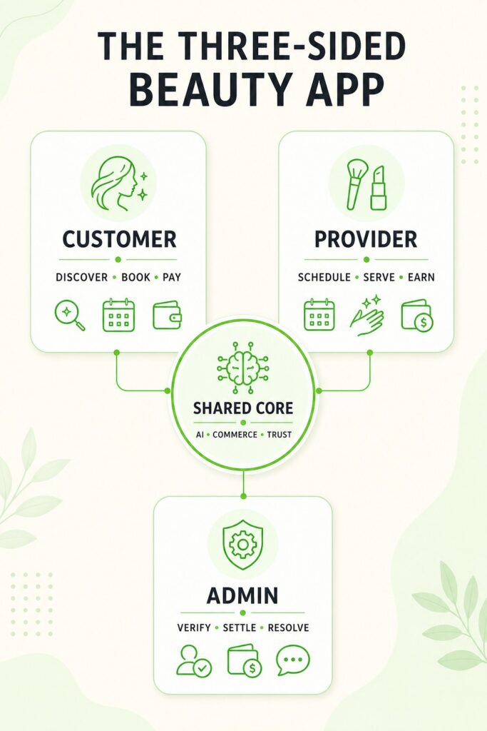 Three-sided beauty app ecosystem connecting customer booking, provider operations, and admin control through shared AI, commerce, and trust services.