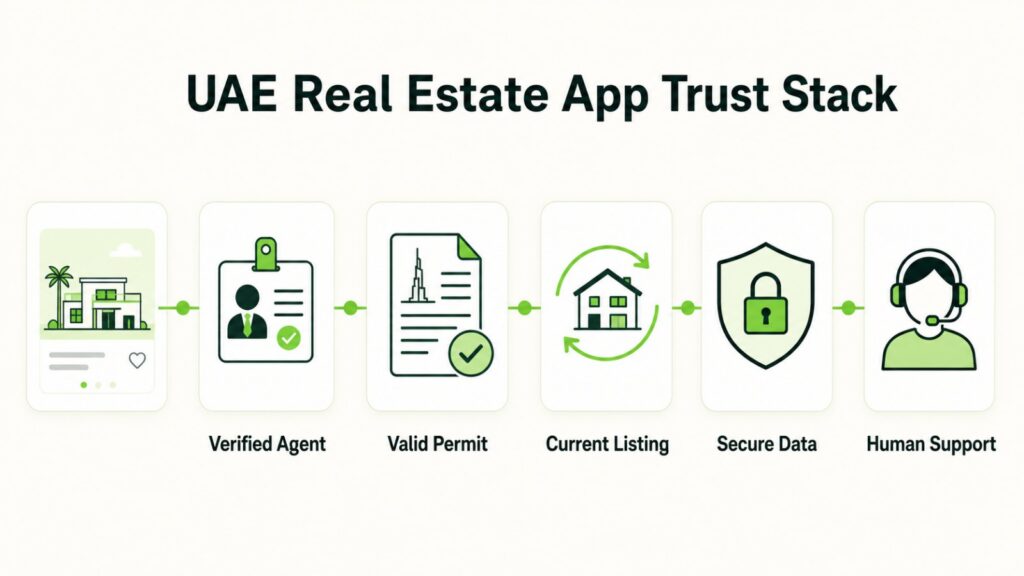UAE real estate app trust stack showing agent, permit, listing, data, and support checks.