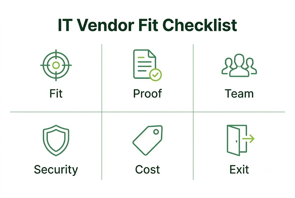 Six checks for comparing IT vendors: fit, proof, team, security, cost, and exit readiness.